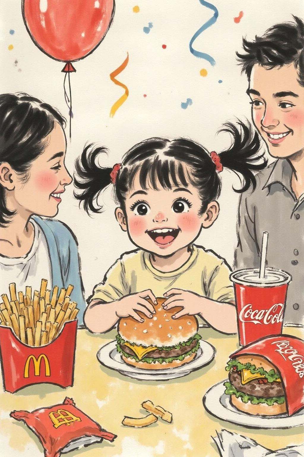 xbh1 minimalist ink painting. A four-year-old girl with twin pigtails is celebrating her birthday at McDonald's,  a place...