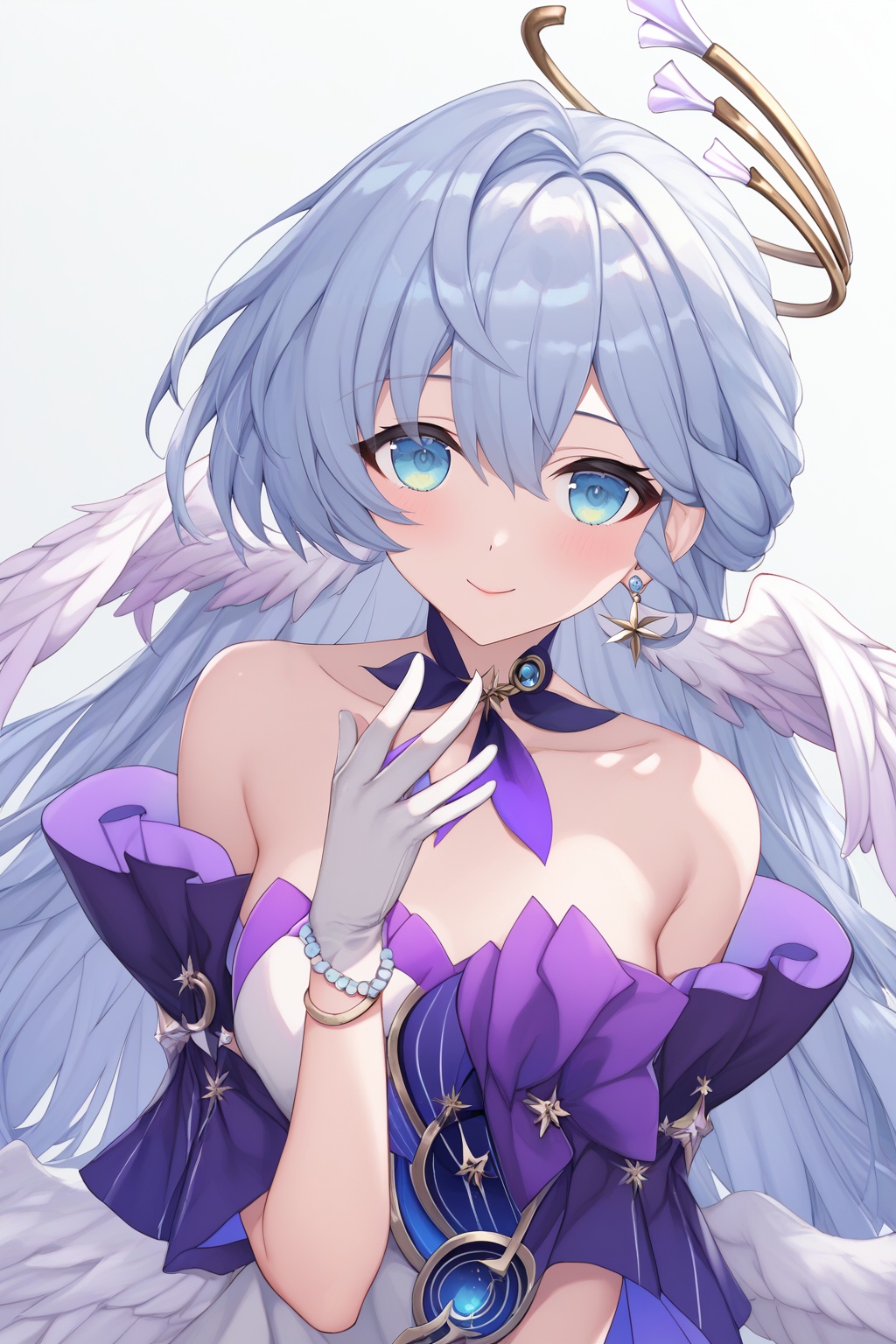 score_9,score_8_up,score_7_up,score_6_up,score_5_up,score_4_up,source_anime,source_cartoon,<lora:robinTUPONYXL-000008:1>,robin \(honkai: star rail\),1girl,solo,breasts,head wings,white gloves,long hair,green eyes,backless dress,jewelry,looking at viewer,earrings,halo,blush,grey hair,upper body,bare shoulders,smile,steepled fingers,beads,simple background,strapless,closed mouth,feathered wings,bracelet,white wings,neck ribbo,