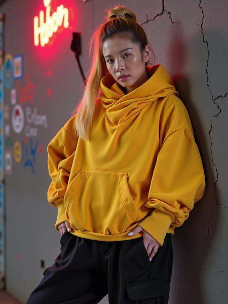 mad-cbrpnkhd02,  front view of a woman wearing yellow hoodie,  hood down on Tensor.Art