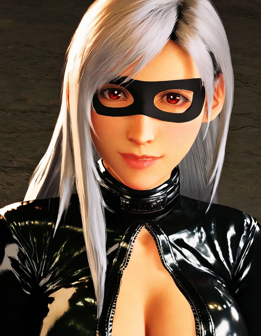 TifaCatsuit,  Create a high-resolution digital portrait of a young woman with long silver hair,  wearing a sleek black lea...