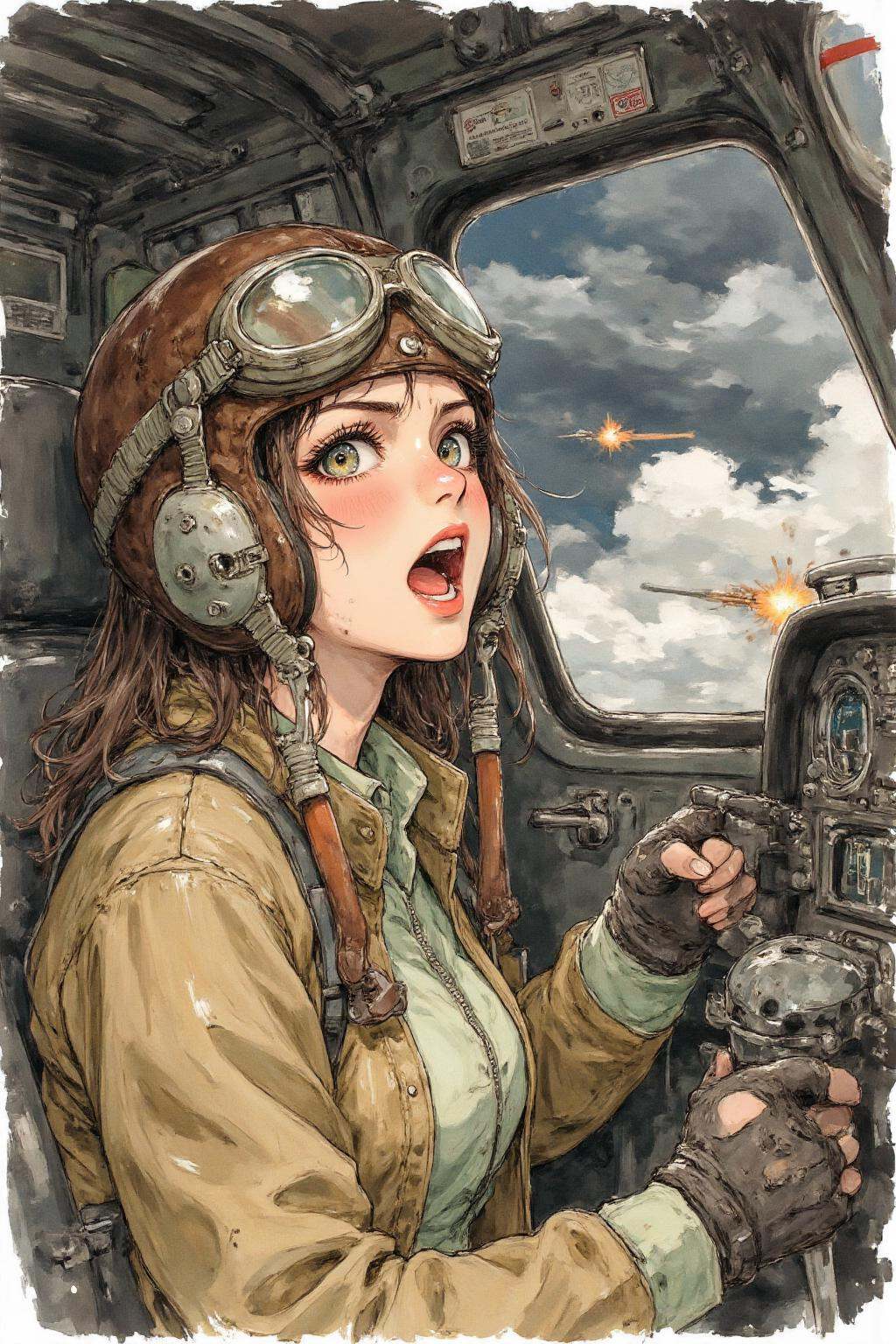 nijiwatercolor1q anime illustration.A female pilot screaming inside the cockpit of a World War II bomber. The pilot,  wear...