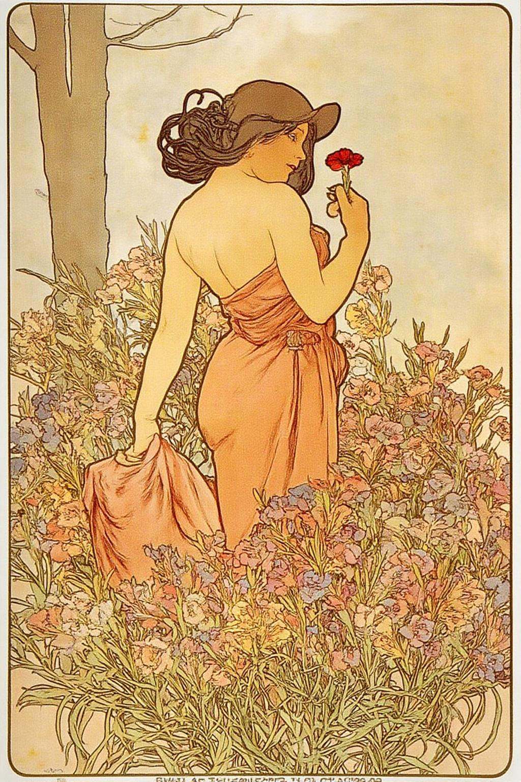 mucha1 illustration. Side view of a woman,  depicted in a serene,  elegant pose on Tensor.Art