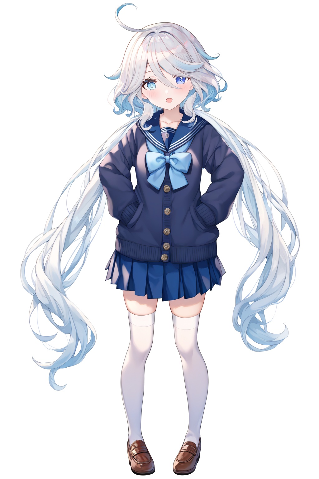 score_9,score_8_up,score_7_up,score_6_up,score_5_up,score_4_up,source_anime,source_cartoon,<lora:FurinaTUPONYXL-000001:1>,furina \(genshin impact\), 1girl, solo, thighhighs, skirt, white thighhighs, long hair, school uniform, heterochromia, full body, pleated skirt, white background, simple background, white hair, alternate costume, looking at viewer, twintails, sailor collar, white hair, bow, blue skirt, hands on own hips, shoes, white hair, long sleeves, drop-shaped pupils, low twintails, serafuku, blush, hair between eyes, zettai ryouiki, open mouth, cardigan, shirt