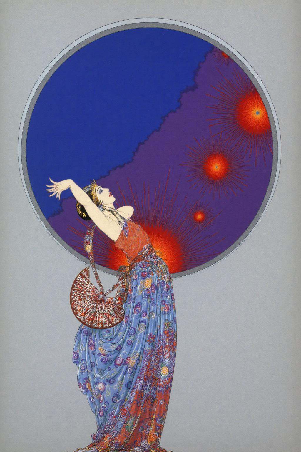 erte1 illustration. A woman adorned in elaborate,  flowing garments. She is depicted in a dramatic pose,  with her head ti...