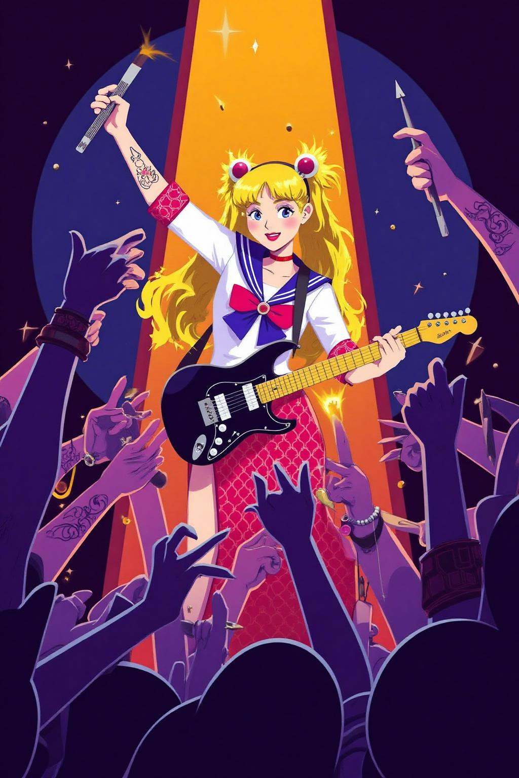 vector art. Punk sailor moon playing a guitar at a heavy metal mosh pit,  tattoos,  piercing. on Tensor.Art