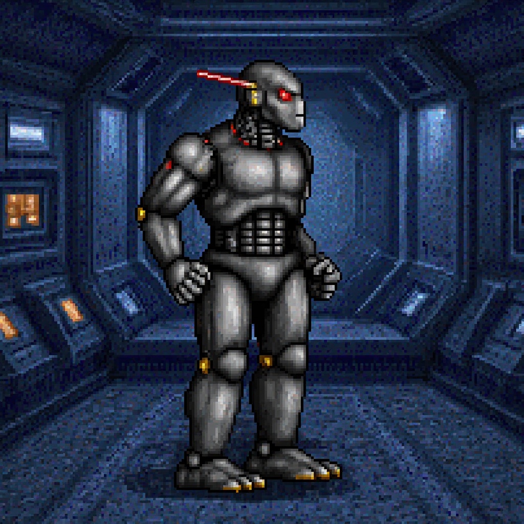 Original,  HoMM2 style,  full-height robot creature on futuristic background on Tensor.Art