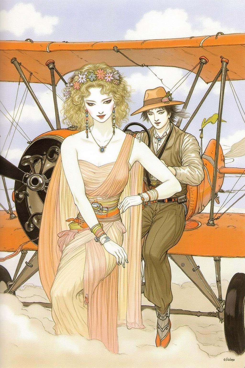 amayo illustration.A romantic scene of a couple on a vintage biplane. The woman,  in the foreground,  is a stylish woman w...