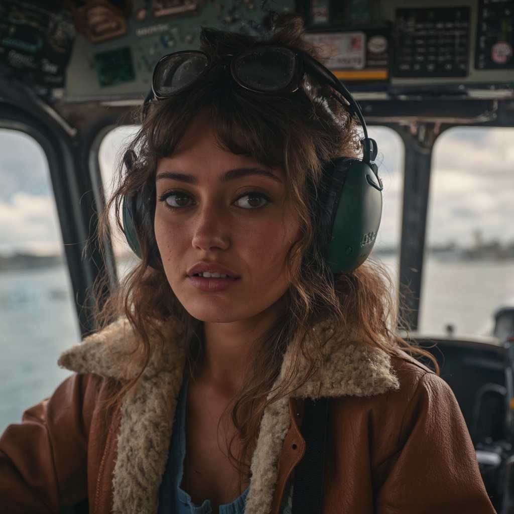 A portrait of ella_purnell in a cockpit,  captured in a candid moment. She wears aviator goggles,  headphones on Tensor.Art