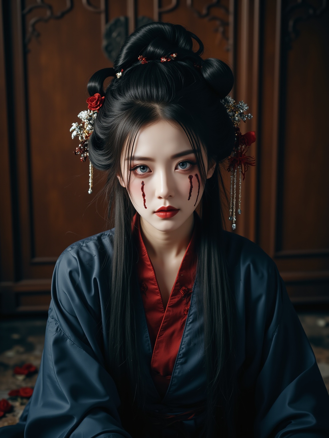 Inspired by Dunhuang, a woman in traditional Chinese attire, white eyes,Tang dynasty, intricate hair ornaments, dark blue and red flowing robes, dramatic makeup with blood-like markings, intense gaze, low-angle shot, dramatic lighting, ethereal and haunting mood, dark and eerie atmosphere.