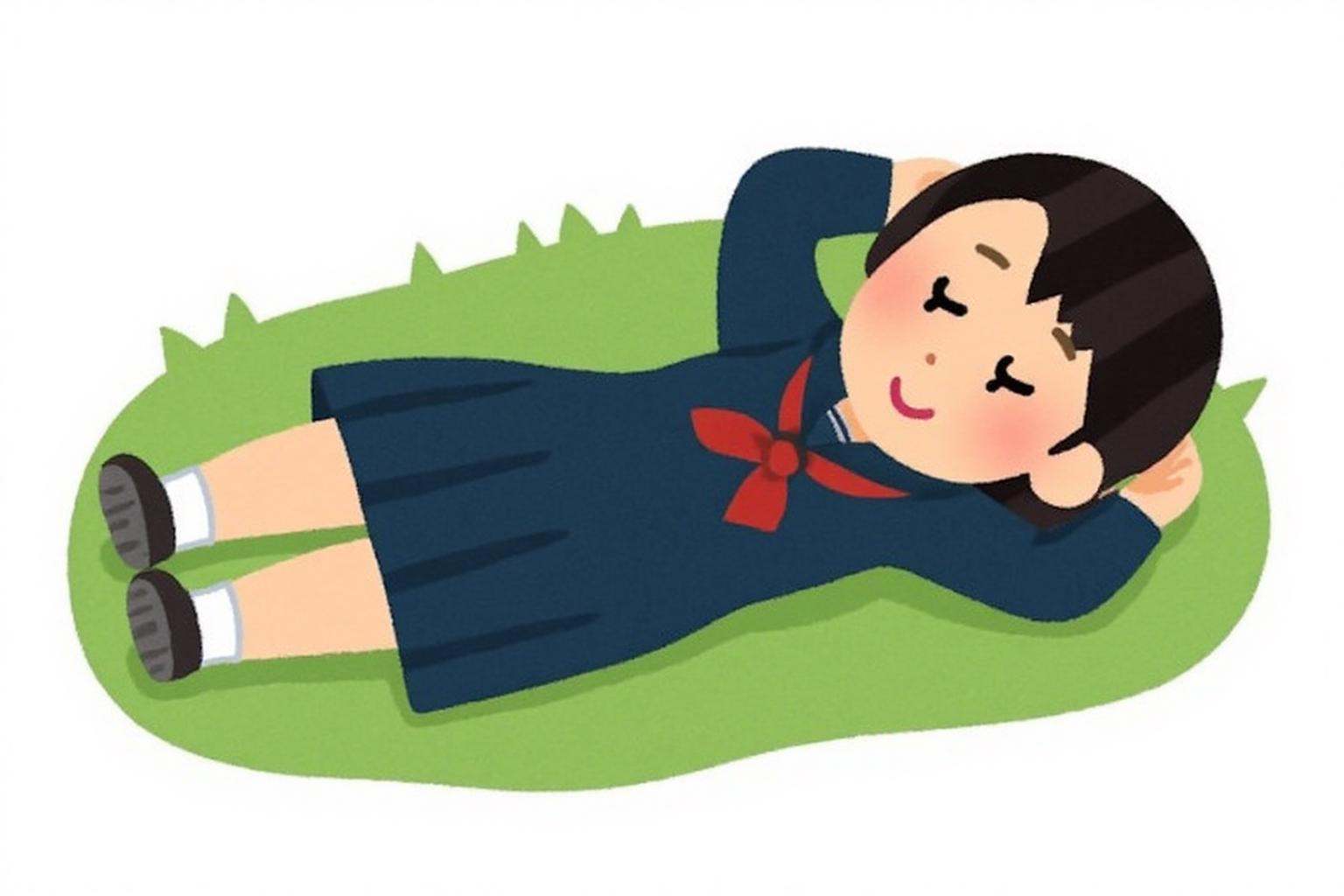 irasutoya1 illustration.A young girl sleeping,  lying on her back with grass around her. She is wearing a dark blue sailor...