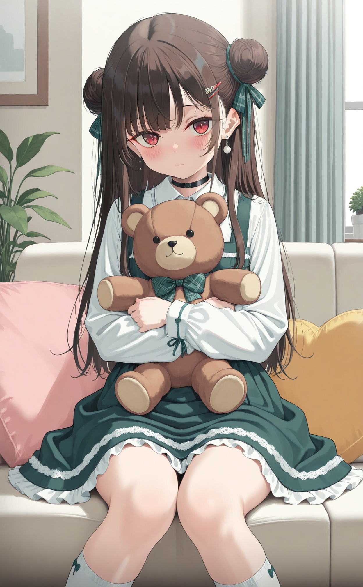 masterpiece,best quality,high quality,loli,1girl,teddy bear,stuffed toy,stuffed animal,red eyes,solo,looking at viewer,sitting,green dress,white shirt,green bow,long hair,white socks,shirt,long sleeves,dress,choker,hair bun,socks,hair ornament,closed mouth,bow,indoors,hugging object,hair ribbon,bowtie,collared shirt,ribbon,holding stuffed toy,hairclip,frills,collar,black choker,green bowtie,kneehighs,green ribbon,black hair,pinafore dress,window,hugging doll,plaid bowtie,food,frilled dress,plaid,holding,plaid bow,sleeveless dress,plant,blush,potted plant,brown hair,earrings,sidelocks,curtains,