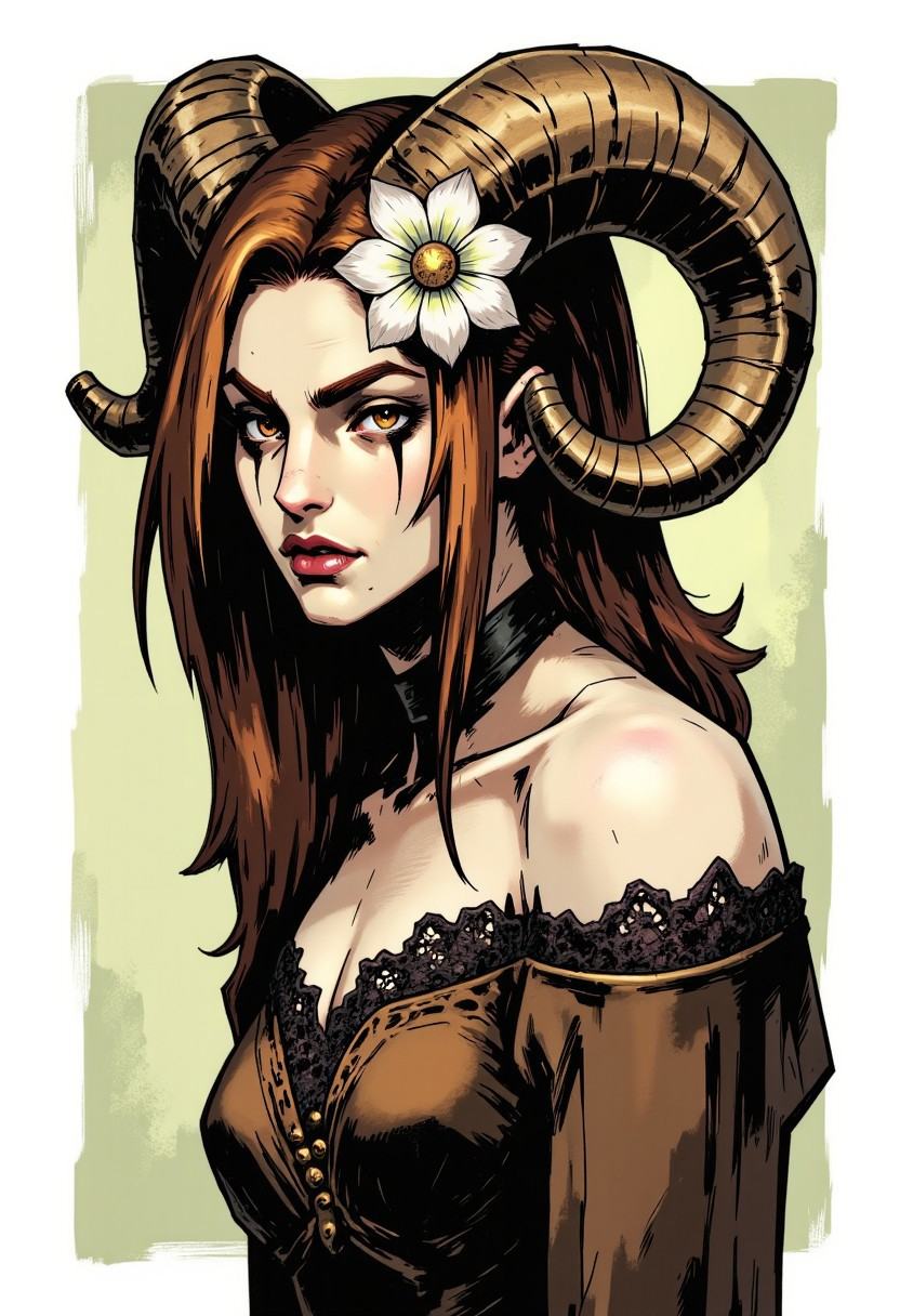 inked comic illustration in TTCSV1.0 artstyle that features fair-skinned woman with long straight brown hair adorned with...