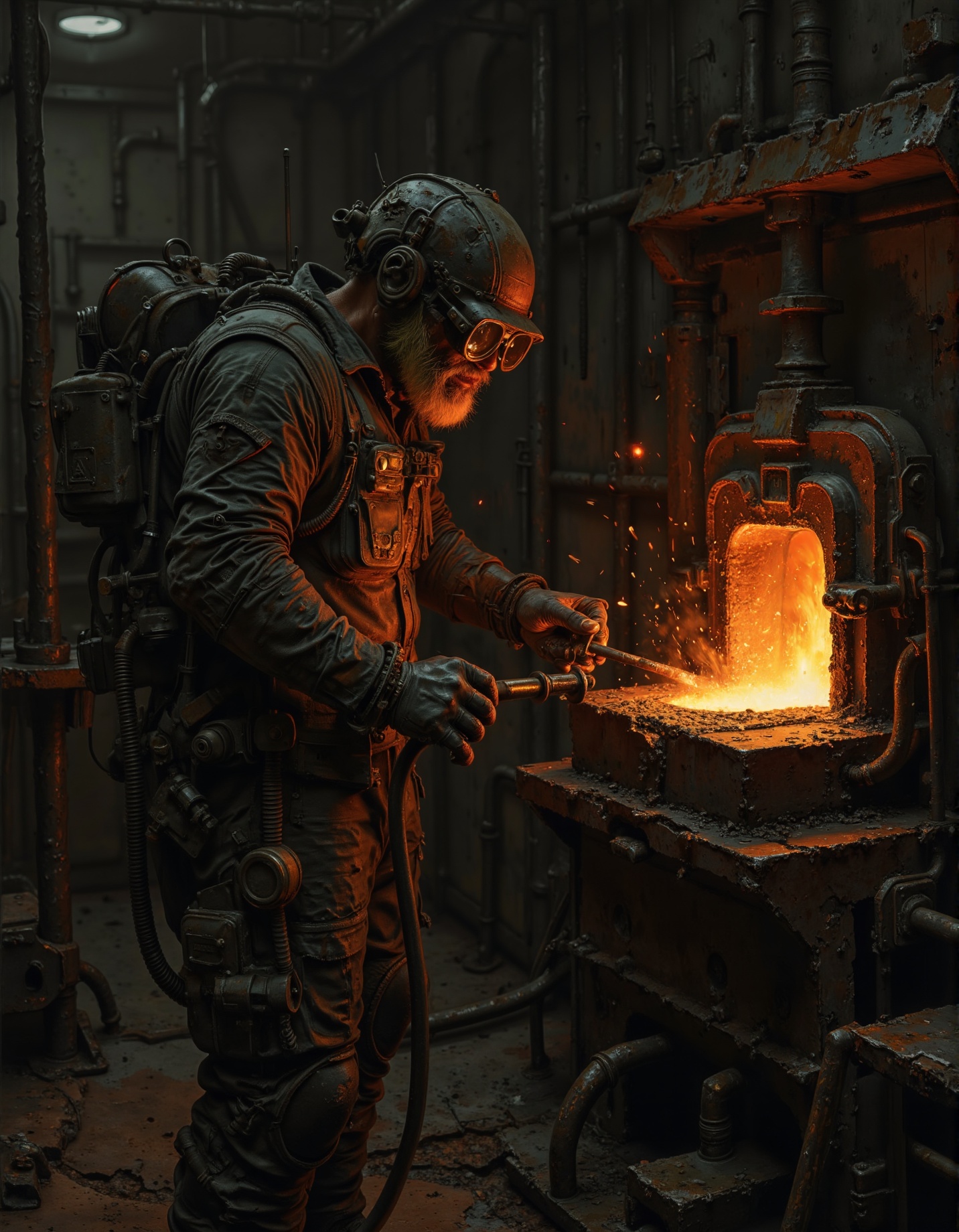 A post-apocalyptic metalworker forging pieces in a dark shop. d1eselc0re on Tensor.Art