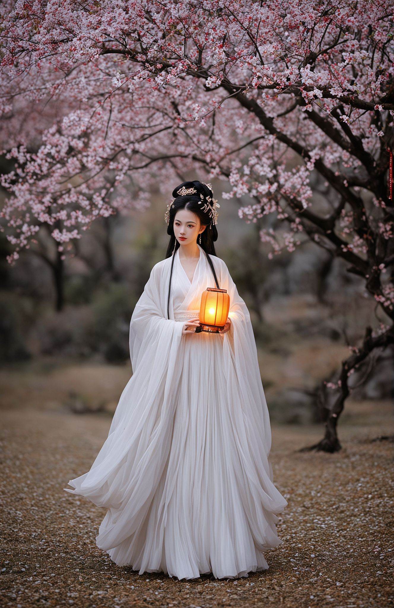 score_9,score_8_up,score_7_up,score_6_up,score_5_up,Hanfu,the traditional Chinese dress,is depicted in this image. The figure is adorned in a flowing white garment with delicate embroidery,carrying a traditional Chinese lantern that emits a soft glow. Her hair is styled in an ancient updo,embellished with classical accessories,and she stands beneath a flourishing cherry blossom tree,symbolizing beauty and the transient nature of life.,