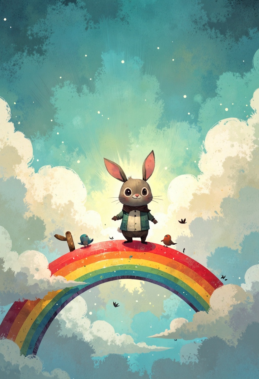 ppstorybook,  A dreamy bunny hopping across a rainbow bridge,  with fluffy clouds surrounding it and tiny birds flying alo...