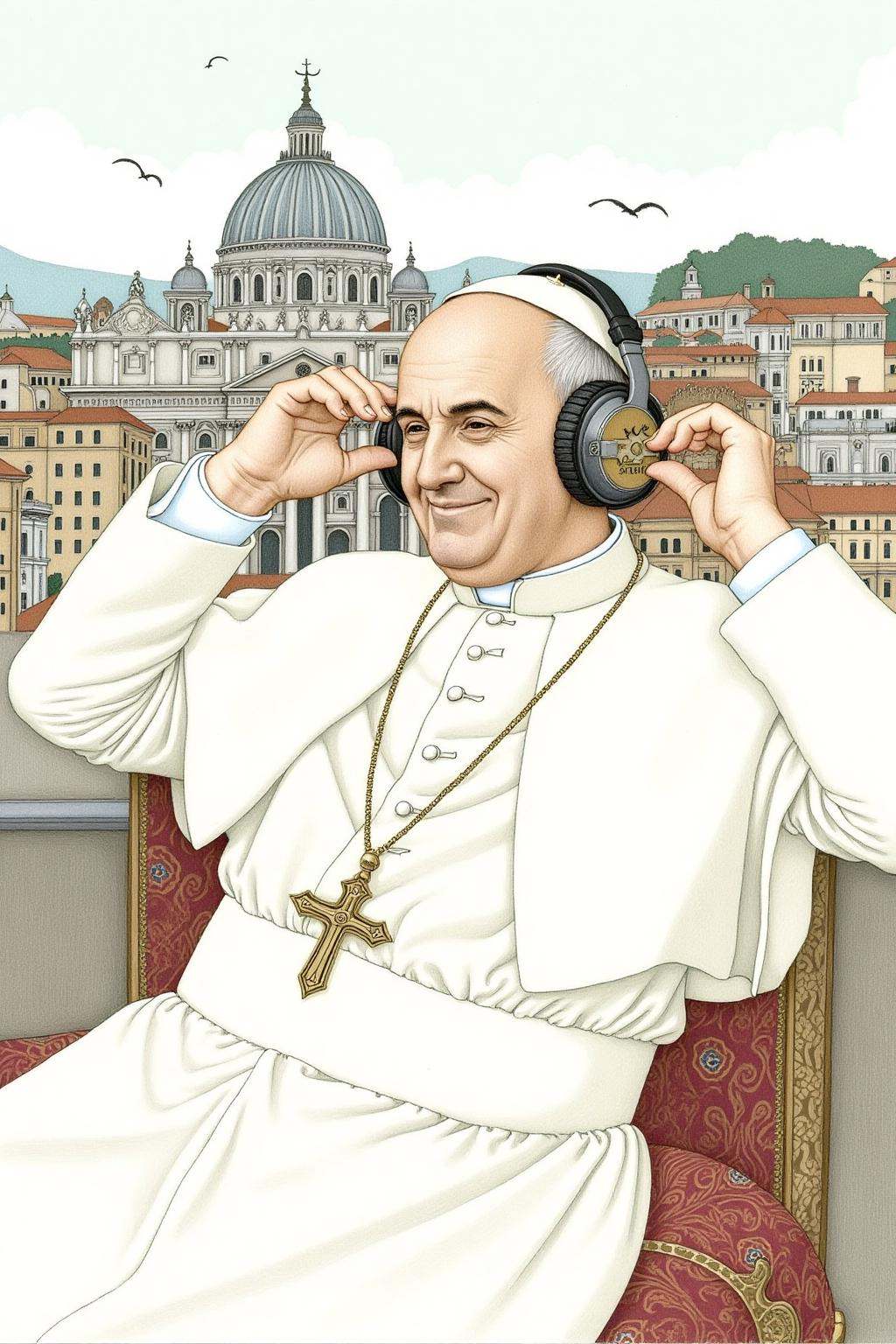 olgadugina1 illustration. Pope Francis,  wearing oversized headphones,  lounges owith an air of cool detachment. His face...