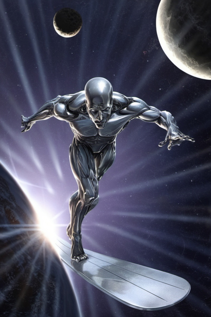 a silver sufer surfs in space,  blackhole swallowing the earth in the background on Tensor.Art