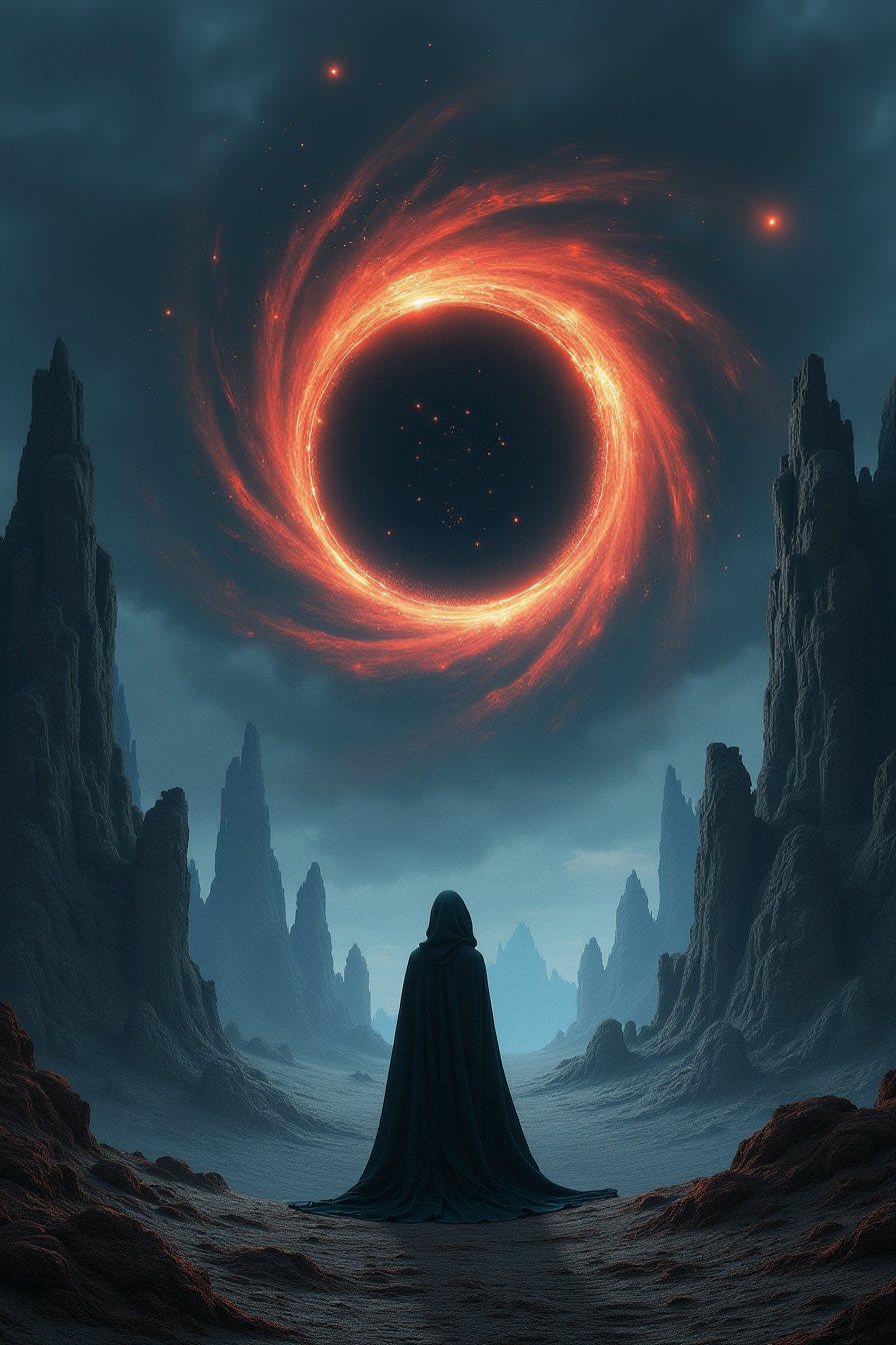 This is a digital artwork depicting a surreal, otherworldly scene. The central focus is a massive, swirling black hole with a fiery orange and red rim, surrounded by dark, swirling space debris. The black hole is located in the center of the image, encircled by a dark, cosmic void with stars and nebulae scattered across the sky. In the foreground, a lone figure stands on a rocky, uneven terrain, facing the black hole. The figure is dressed in a long, flowing, dark cloak that covers most of their body, suggesting a sense of mystery and isolation. The figure's face is not visible, adding to the enigmatic atmosphere.The background features towering, jagged rock formations, some appearing to be ancient ruins, with the sky above blending into a gradient of dark blue to light blue, suggesting a transition from night to day. The textures of the rocks are rough and rugged, enhancing the desolate and alien environment.The overall color palette is dominated by dark blues, blacks, and fiery reds, with the contrast between the figure's dark cloak and the bright, swirling black hole creating a striking visual impact. The image evokes a sense of awe and wonder, blending elements of fantasy and science fiction.  <lora:qihuan222 (3):0.2> <lora:qihuan222 (2):0.9>