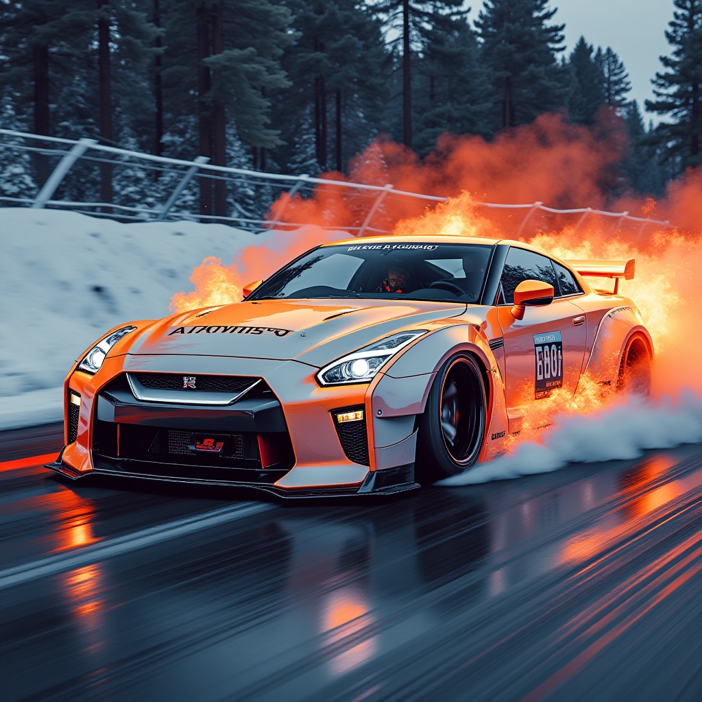 h34tw4v3__style_Nissan_GT-R,  Snowflake is accelerating and emitting fire at high heat.,  High Speed on Tensor.Art