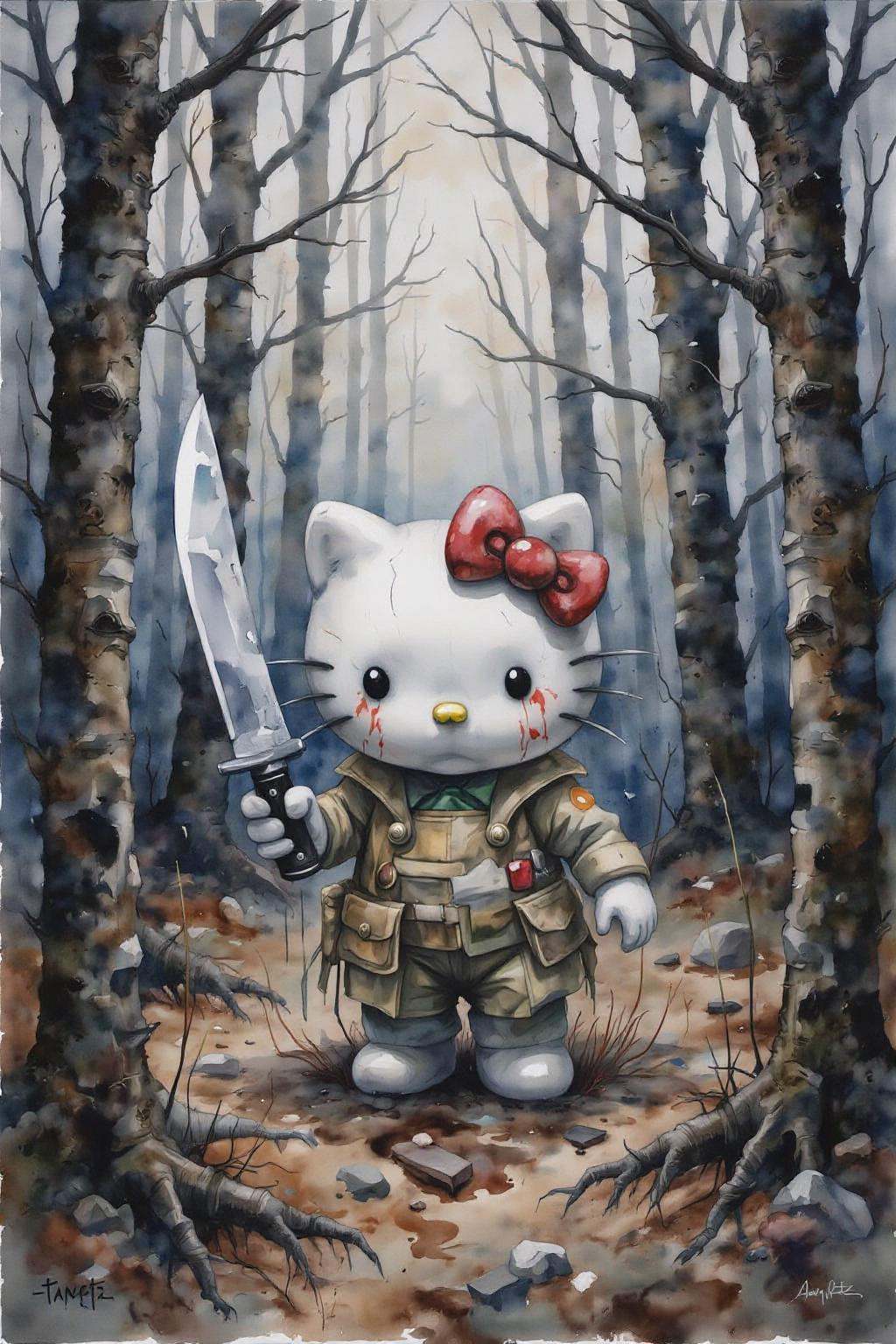 yawc1 watercolor.Hello Kitty in the middle of the forest holding a knife,  the atmosphere and the character looks scary,...