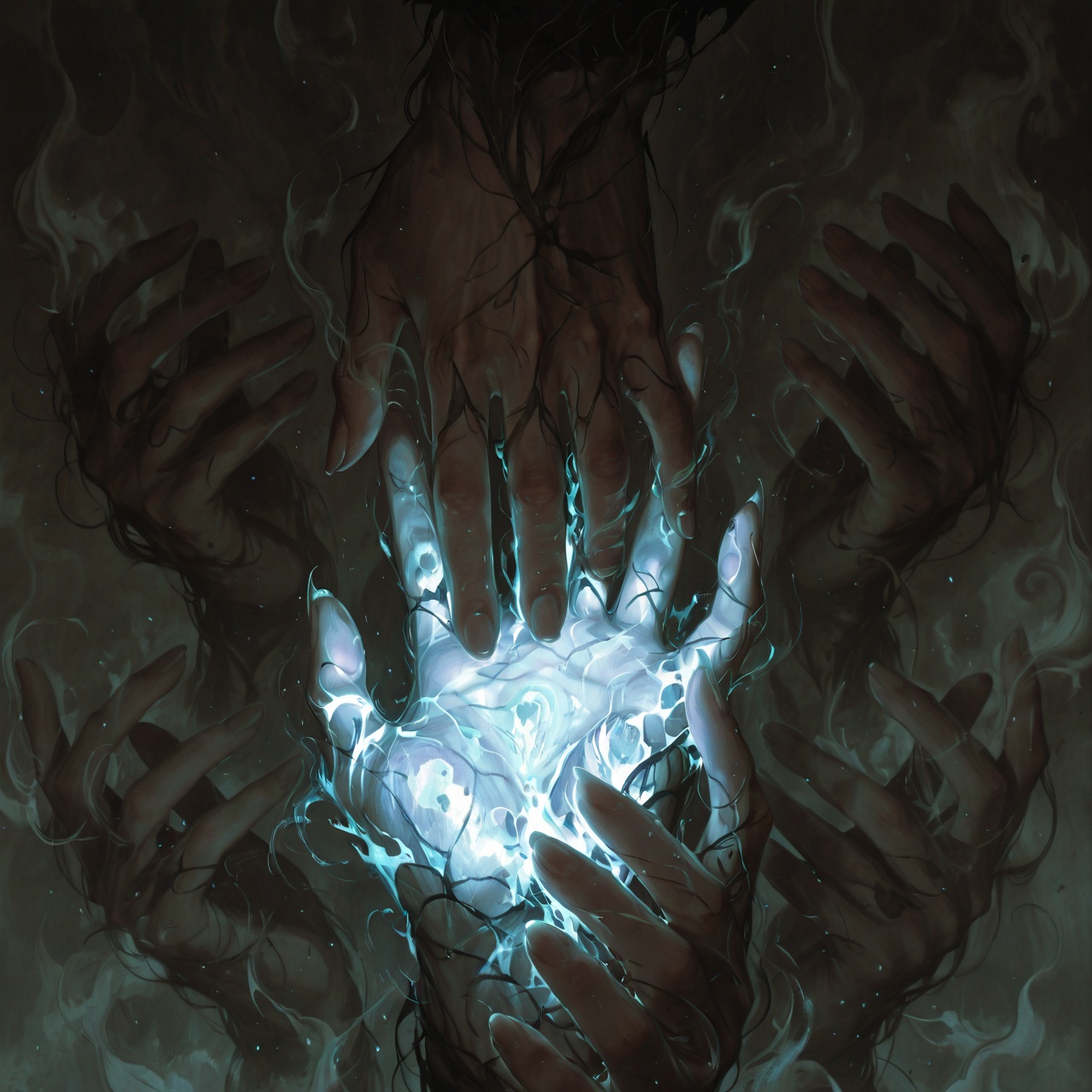hand focus,  gnarled hand,  surrounded by swirling fog on Tensor.Art