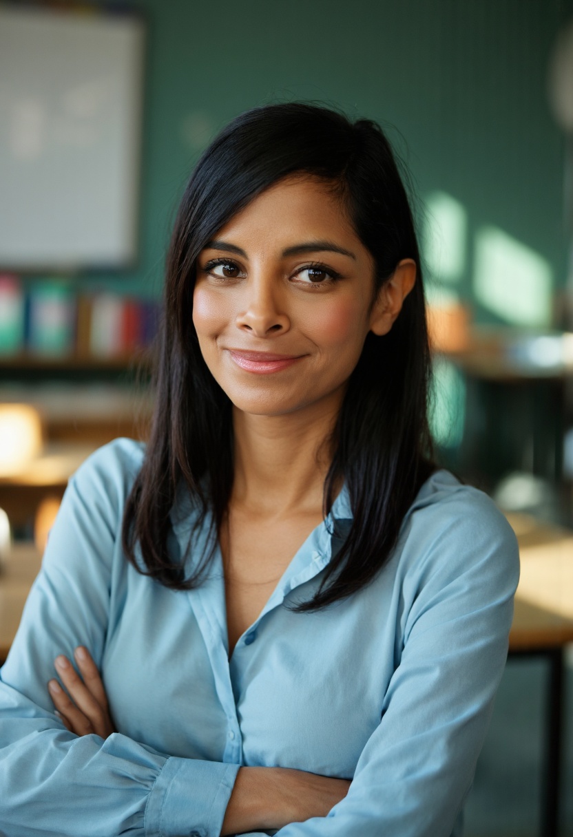 { "T5": "A high-quality portrait of Collien Ulmen-Fernandes in a teaching setting,  capturing her warm and engaging person...