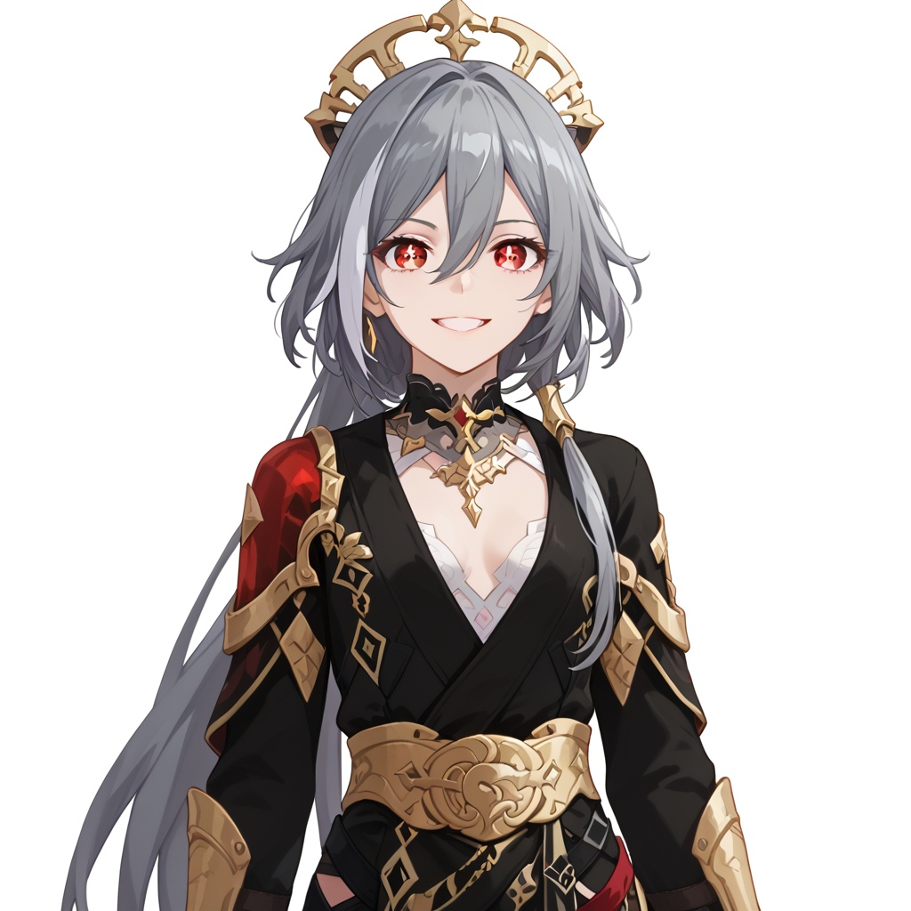 (white background:1.2),looking at viewer,(SOLO:1.4),outline,simple background,upper body, cowboy shot,looking at viewer,(((arms at side))),    senti,fu_hua,long hair,smile, bangs, hair ornament, red eyes,hair between eyes,ponytail, silver hair,white hair,gray hair, multicolored hair, small breasts,streaked hair,,yellow pupils,diamond shaped pupils,<lora:fanyong-senti-pony:0.8>