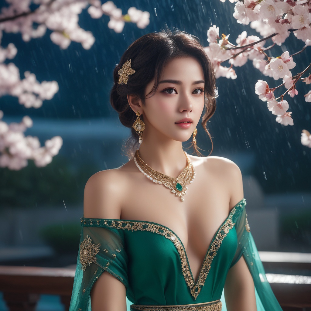 <lora:836-DA-XL-朴正允-绿-B:0.8>, (,1girl, ,best quality, ),, ,ultra detailed 8k cg,            cinematic lighting, cinematic bloom, (( , )),,  , unreal, science fiction,  luxury, jewelry, diamond, pearl, gem, sapphire, ruby, emerald, intricate detail, delicate pattern, charming, alluring, seductive, erotic, enchanting, hair ornament, necklace, earrings, bracelet, armlet,halo,masterpiece, (( , )),,  ,cherry blossoms,(((, night,night sky,,  ultra high res, (photorealistic:1.4), raw photo, 1girl, , rain, sweat, ,wet, )))(( , ))   (cleavage),,  (sit), ,