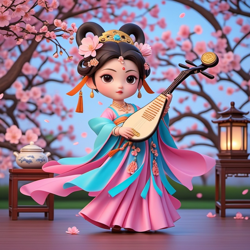 Q edition,shinv, A cute, young Asian girl rocks a traditional Chinese getup with a vibrant pink and turquoise dress, flaunting intricate floral patterns. She's got a small, round face, big expressive eyes, and a sweet smile. Her hair is styled in a fancy updo with flowers and a snazzy gold crown. She's holding a traditional Chinese zither, decked out in blue and gold, in her hands. The scene is set in a traditional Chinese room with wooden furniture, a lantern, and a backdrop of cherry blossom trees in full bloom, adding to the serene, festive vibe.<lora:shinv_v1:0.8>,