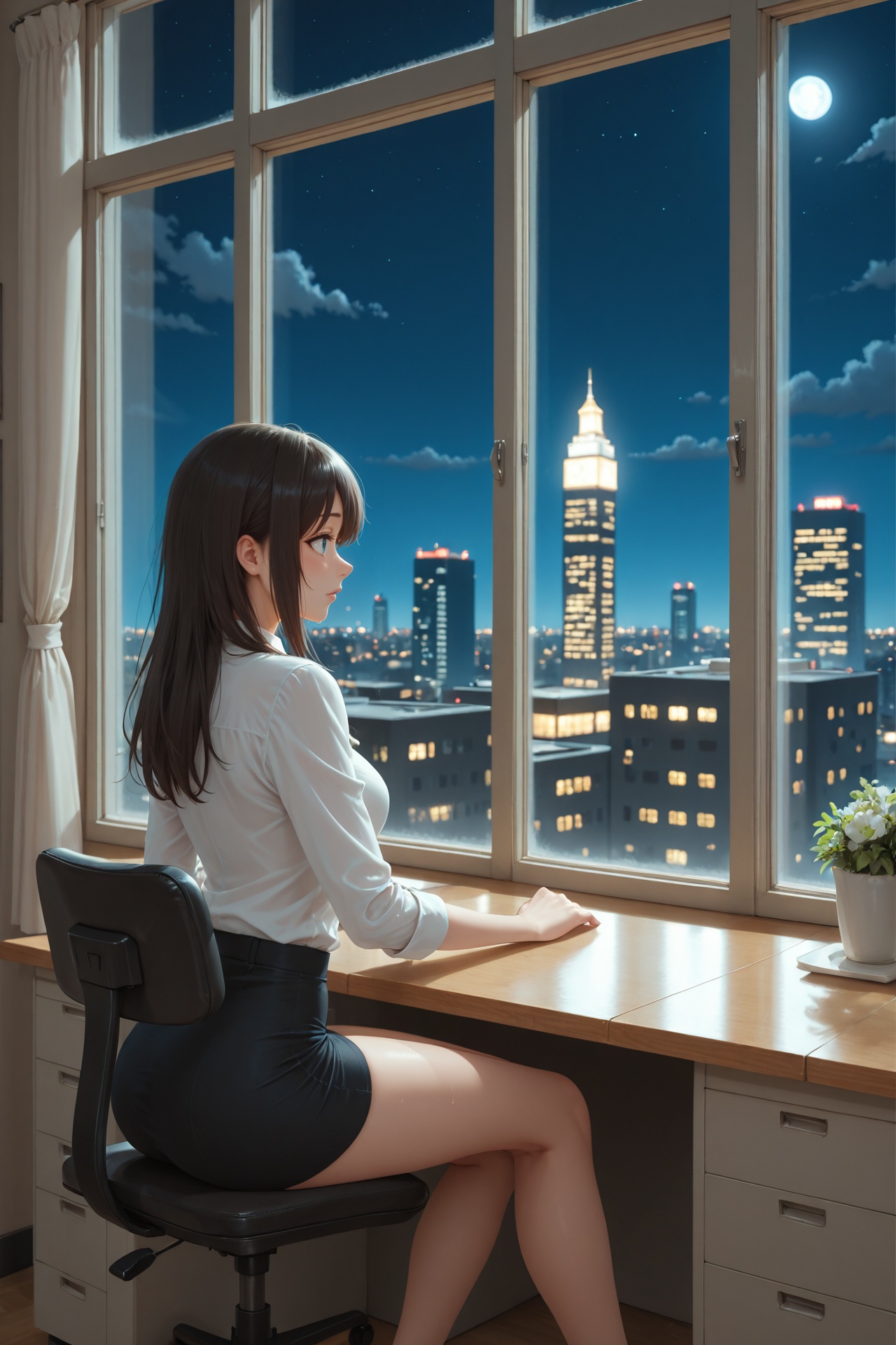 A woman sitting in a desk on an office in a big building,  high buildings seen through the window,  night shot on Tensor.Art