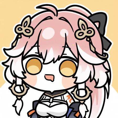 <lora:drooling_ill-xl-000002:1>,chibi,drooling,mouth drool,upper body,open mouth,changli_(wuthering_waves),1girl,pink hair,solo,smile,long hair,ponytail,looking at viewer,breasts,bare shoulders,hair between eyes,yellow eyes,simple background,bangs,tattoo,hair ornament,bow,eyebrows visible through hair,hair bow,large breasts,black bow,sidelocks,ribbon,damaged,sarashi,hair ribbon,off shoulder,bandages,clothing cutout,detached sleeves,white hair,arm tattoo,blush,
