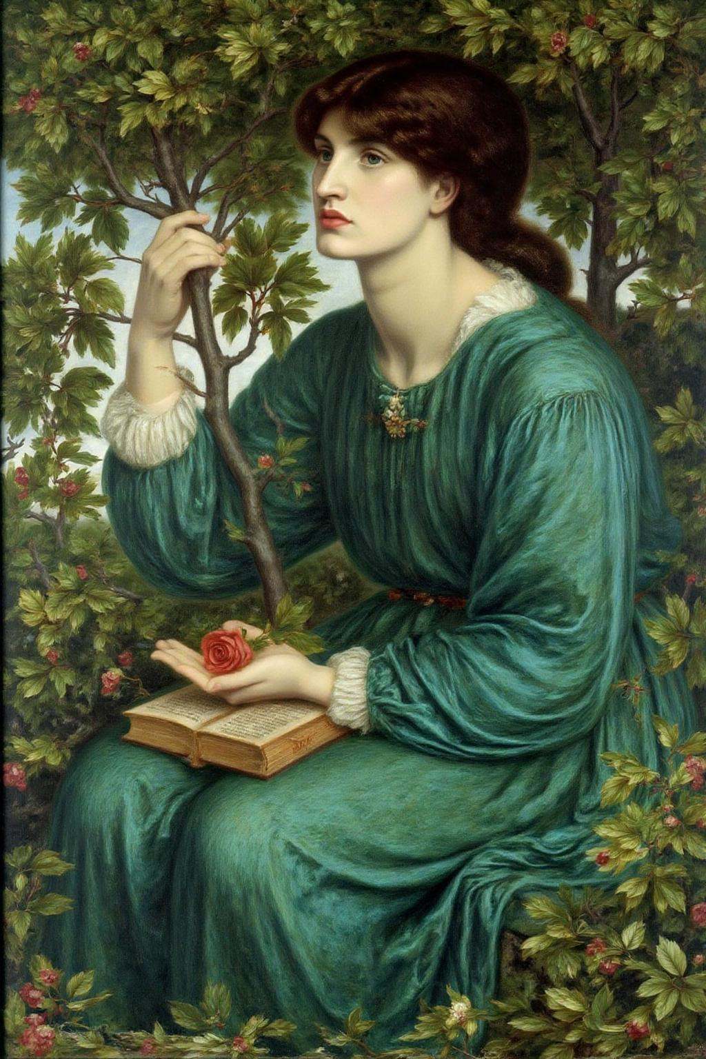 dgr painting.A young woman sitting among lush green foliage,  possibly a tree or a shrub,  with a dramatic on Tensor.Art