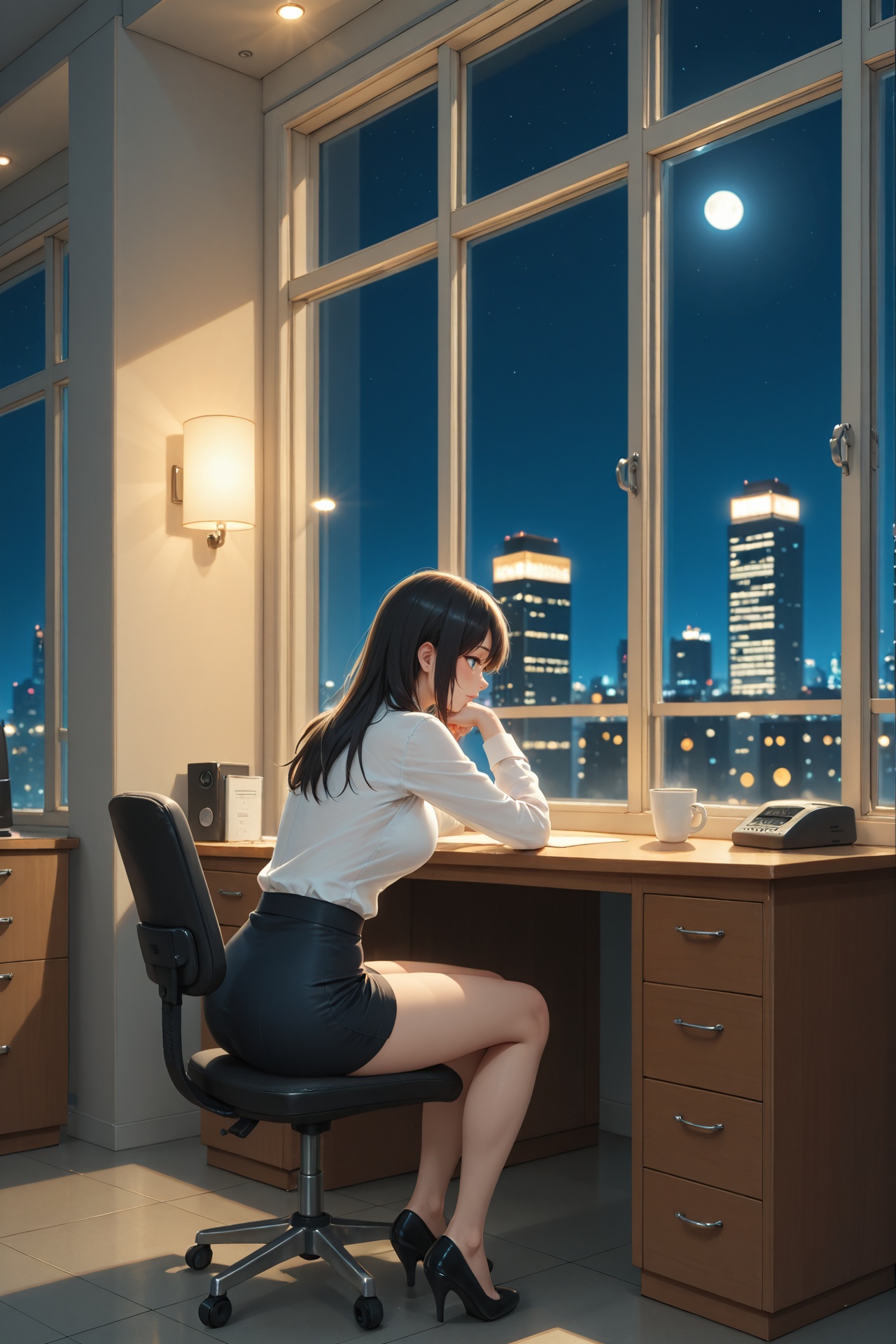 A woman sitting in a desk on an office in a big building,  high buildings seen through the window,  night shot on Tensor.Art