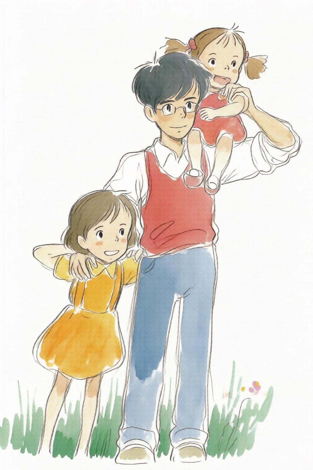 hayaomiyazaki3q illustration.A family scene with a father and two young girls. The center figure is a father wearing glass...