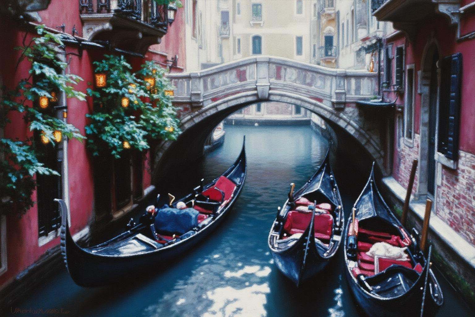 chenyifei2 painting.A scene in Venice,  featuring a narrow canal with three gondolas moored along its banks. There is a st...