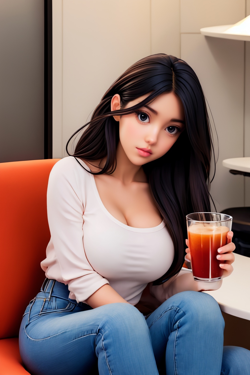 1girl, black hair, long hair, looking at viewer, pants, cup, sitting, solo, denim, holding, large breasts, black eyes, holding cup, jeans, collarbone, lips