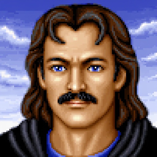 Original HoMM2 style portrait of Roland Ironfist,  a noble male knight and wizard with a warm,  light skin and blue eyes....