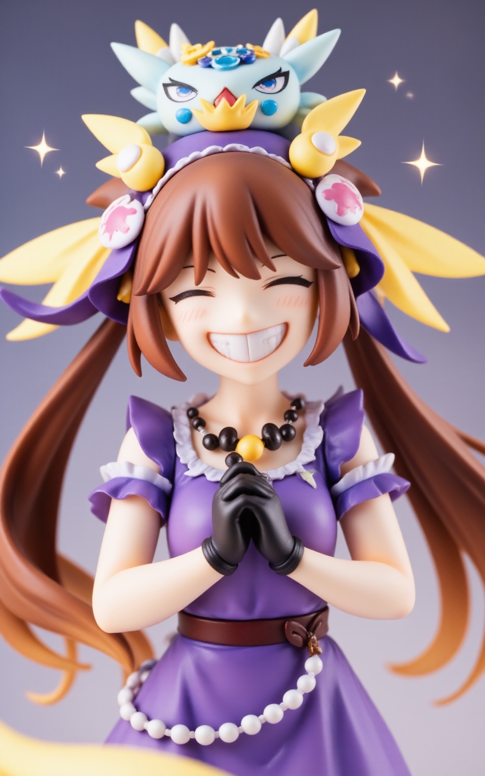 pvcstyle,1girl,closed eyes, twintails, black gloves, dress, glowing, brown hair, purple dress, pokemon \(creature\), bead necklace, grin, standing, smile, closed mouth, official alternate costume, w arms, pokemon on head, teeth, crown, elbow gloves, own hands together, mini crown, on head, necklace, eyelashes, gloves, long hair, beads, jewelry, artist name, hair tie, hands up, looking at viewer, blue eyes,masterpiece, newest, absurdres, safe<lora:pvcstyle:1>​​​