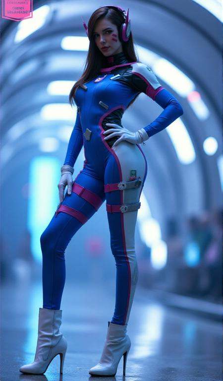 Dva. She wears headphones and a blue and white science fiction bodysuit and white higheels boots. She hashourglass figures...