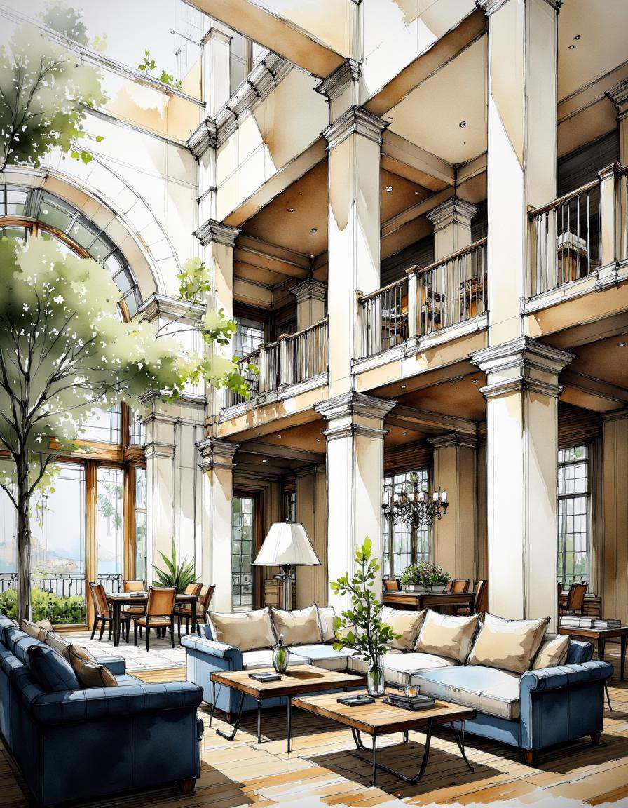 A watercolors sketch of a luxurious lobby hotel,  masterpiece,  best quality.The overall style of the space is elegant and...