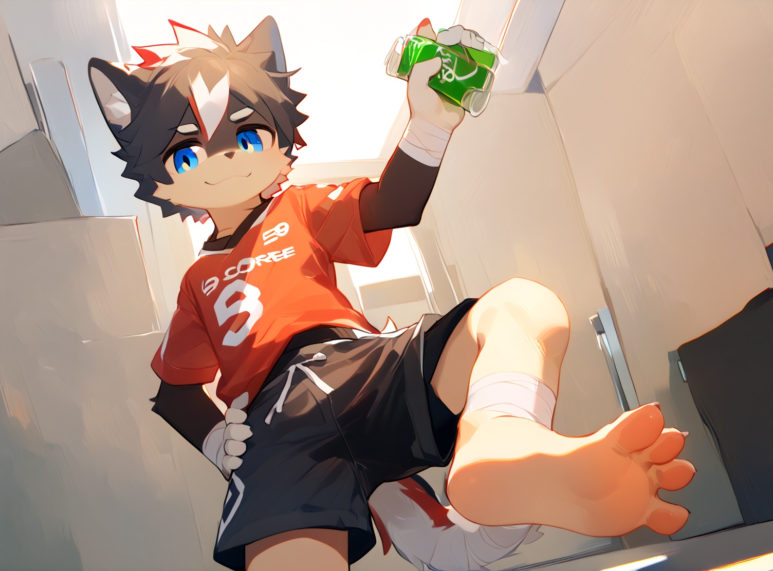 solo,male_child,shota.BREAK,,[bandage on left foot], (red t-clothes),(shorts),BREAK, (prefect_feets,prefect_hands,prefect_eyes:1.05), wide-angle,[looking at viewer], simple background, (hand on own hip),leg up,soles focus,BREAK, score_9,score_8_up,score_7_up,score_6_up,score_5_up,