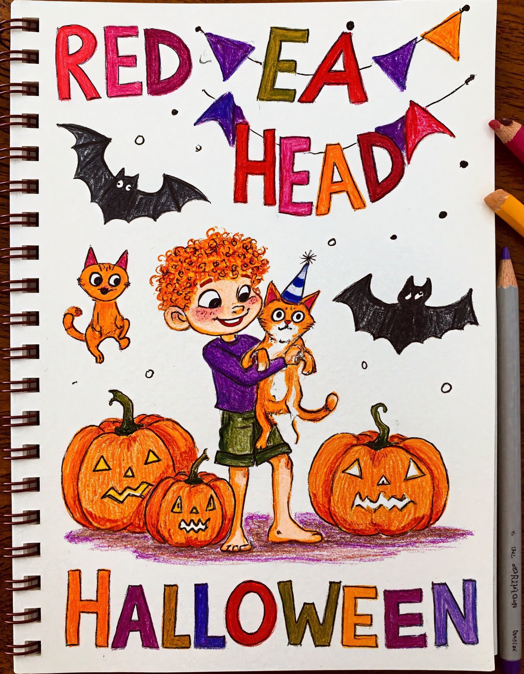 This is a high-quality,  vibrant,  digital drawing of a young boy with curly red hair holding a cat in front of three carv...