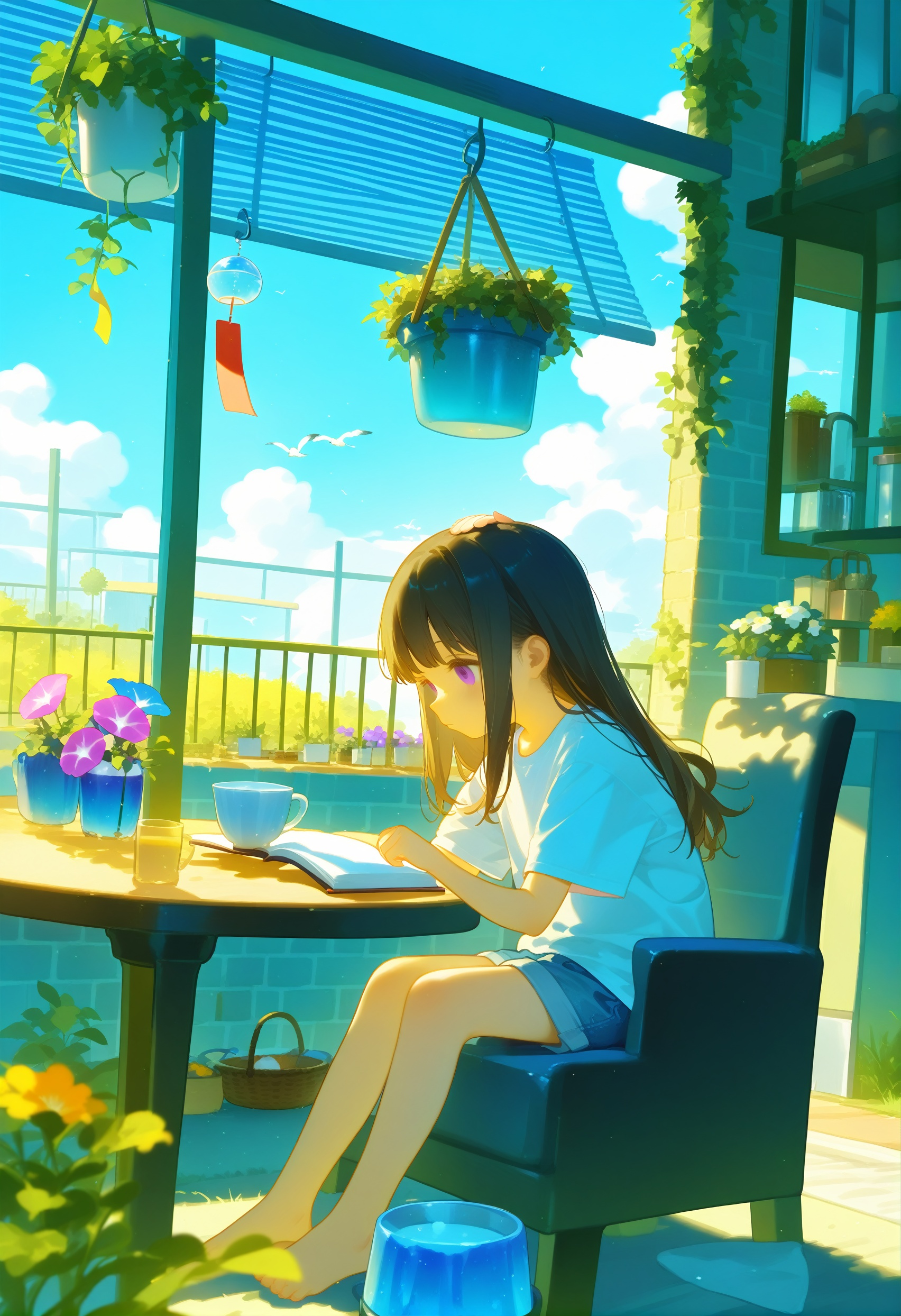 loli, 1girl, animal on lap, sitting, on lap, chair, plant, flower, shirt, cup, barefoot, cloud, potted plant, pet bowl, shorts, sky, blurry foreground, cat, white shirt, black hair, solo, day, outdoors, drinking straw, blurry, table, hanging plant, drinking glass, grass, depth of field, bowl, blue flower, watering can, short sleeves, brick wall, long hair, flower pot, black cat, morning glory, vines, cloudy sky, petting, clothesline, sunlight, blue sky, short shorts, blue shorts, orange flower, on chair, t-shirt, book, scenery, holding, brick, cumulonimbus cloud, bare legs, closed mouth, purple flower, drink, garden, bendy straw, armchair, blue eyes, animal, laundry, pink flower, full body, glass, milk carton, ice cube, profile, rug, plate, basket, food, purple eyes, sidelocks, yellow flower, overgrown, dutch angle, fence, clothes hanger, jar, balcony, ivy, mug, bread, from side, shade, cushion, ice, denim shorts, summer, pitcher (container), dappled sunlight, teacup, window, feet on chair, reading, bird, headpat, dog, wind chime
