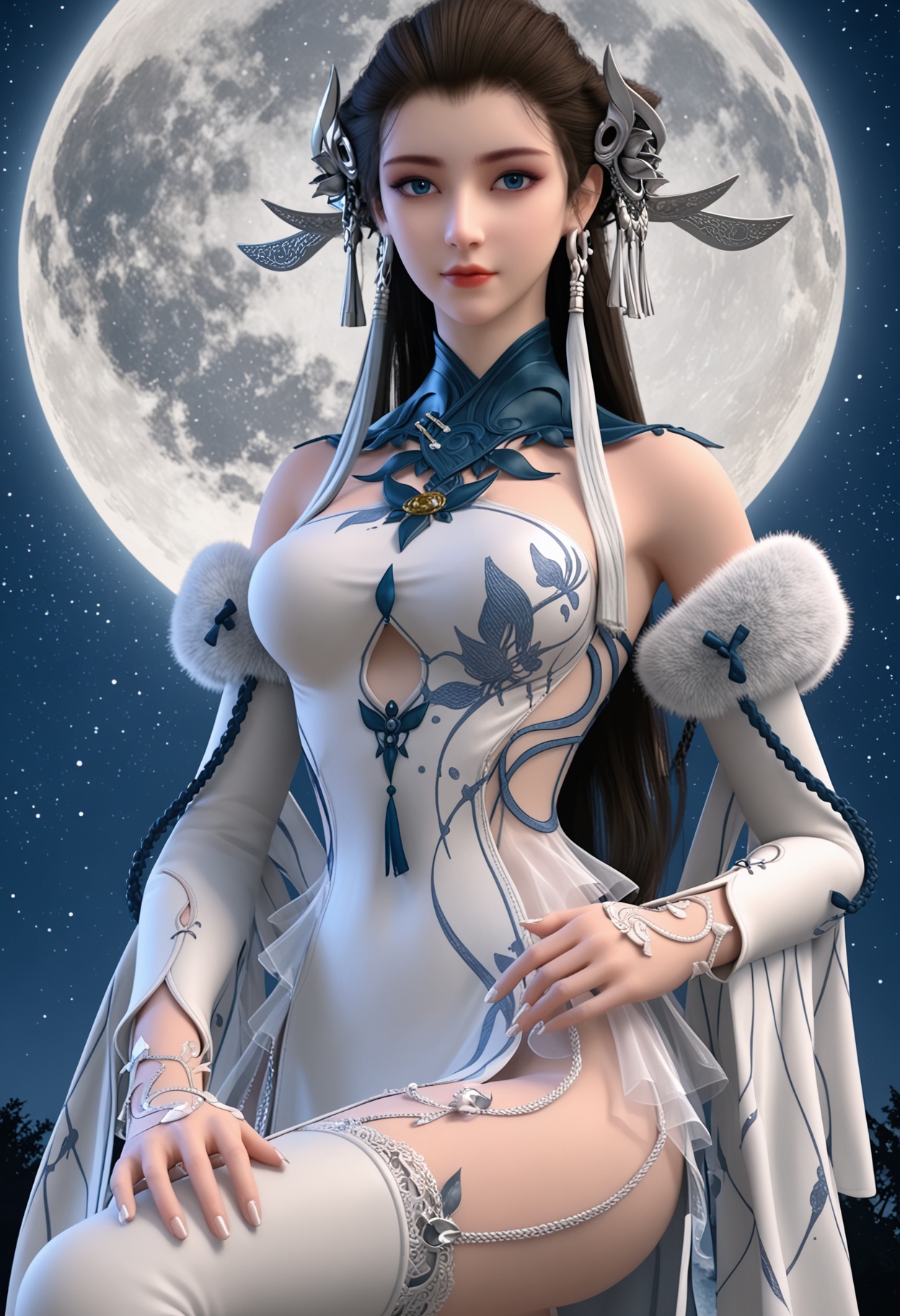 (score_9:1.1),1girl,solo,(upper_body:1.2),looking at viewer,(moon:1.1),(night:1.1),sky,night sky,(full moon:1.1),(huge planetary background:1.1),moonlight,<lora:YQponybaiyijunV2:0.8>,q1528437228,solo,1girl,long_hair,hair_ornament,dress,jewelry,bare_shoulders,brown_hair,earrings,realistic,white_dress,detached_sleeves,black_hair,blue_eyes,tassel,chinese_clothes,fur_trim,see-through,boots,high_heels,tassel_earrings,necklace,white_footwear,black_footwear,thighhighs,fingernails,fingers,