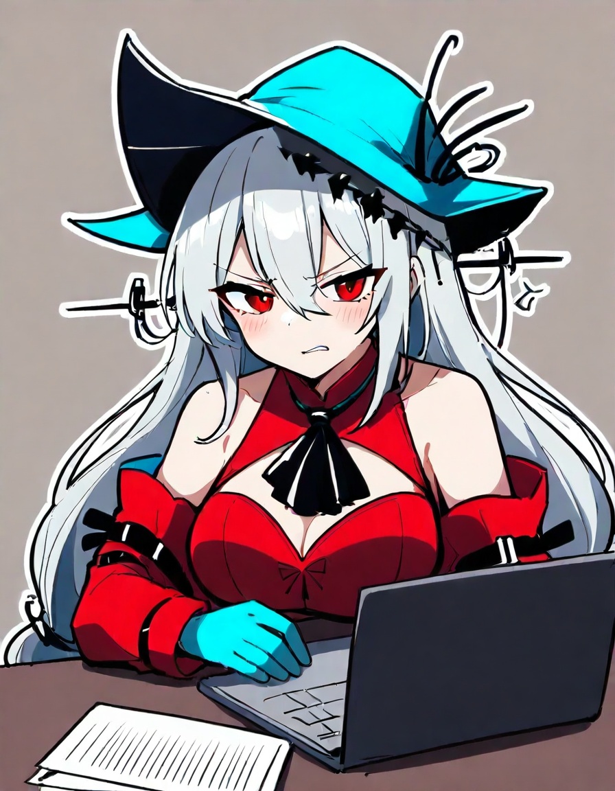1girl, skadi the corrupting heart \(arknights\), arknights,zmgwshnmspfd, long hair, bangs, very long hair, breasts, red eyes, hair between eyes, hat, white hair, medium breasts, aqua headwear, grey hair, ribbon, laptop, angry, white background, computer, simple background, clothing cutout, aqua gloves, long sleeves, hat ornament, solo, detached sleeves, blush, bare shoulders, upper body, gloves, dress, red dress, parted lips, ascot, black ascot, looking at viewer, shirt, cleavage cutout<lora:nsnsns:1>​​​