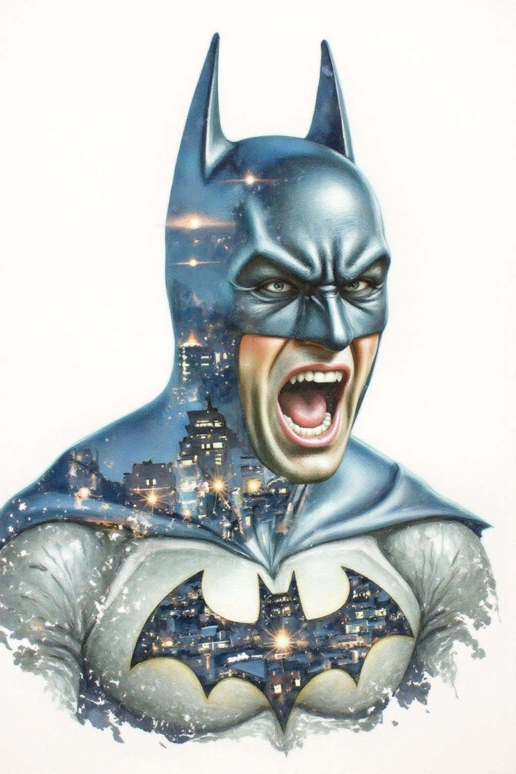 Portrait painting. Batman shouting angrily,  with his face blended seamless with Gothan City at night. The background is s...