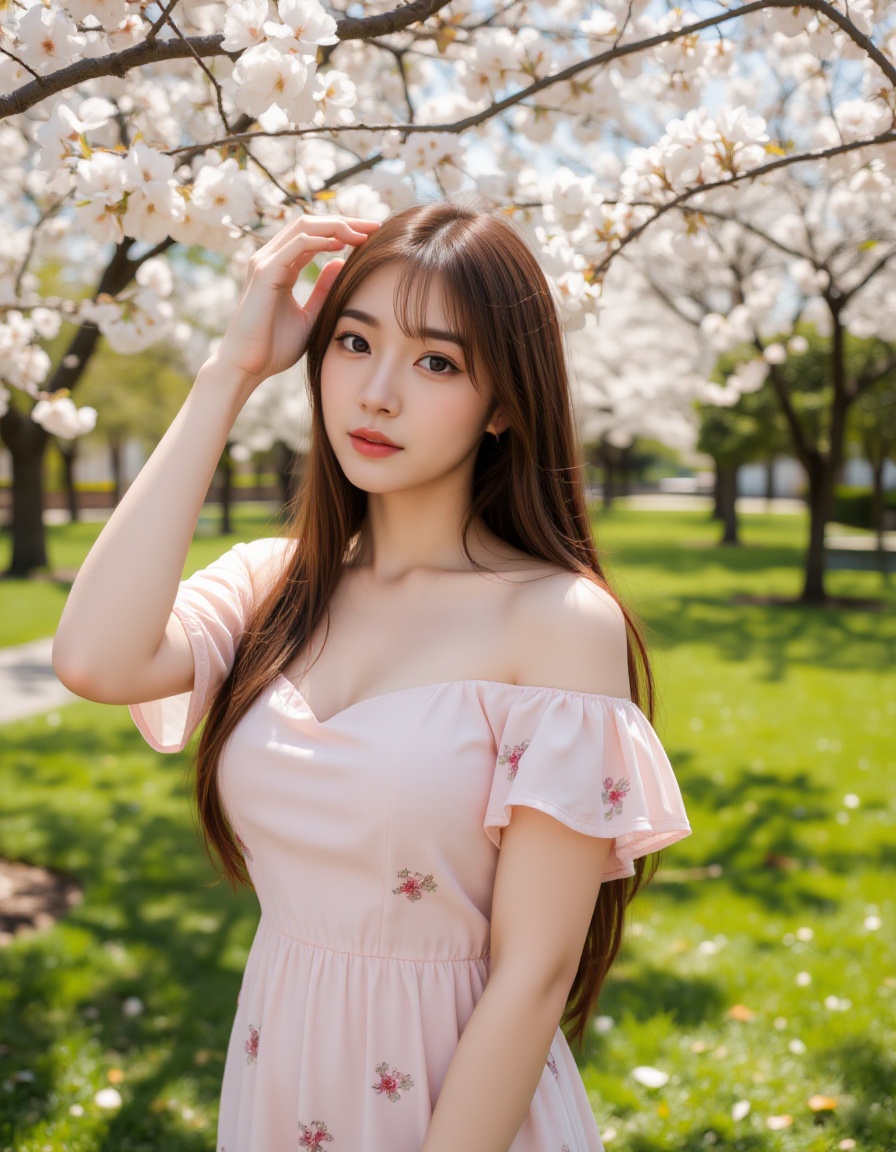 A young asian woman with long,  straight brown hair and fair skin stands in a park under blooming cherry blossom trees. Sh...