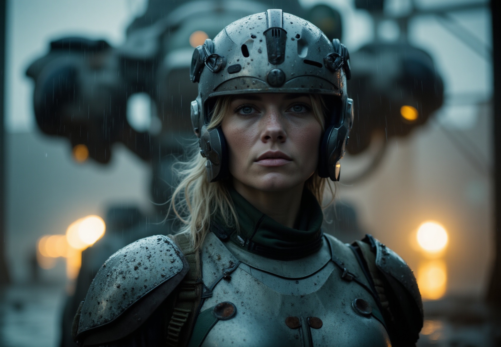 cinematic film still portrait of a solo female mech pilot standing in front of her ,  scifi armor,  military base on Tenso...