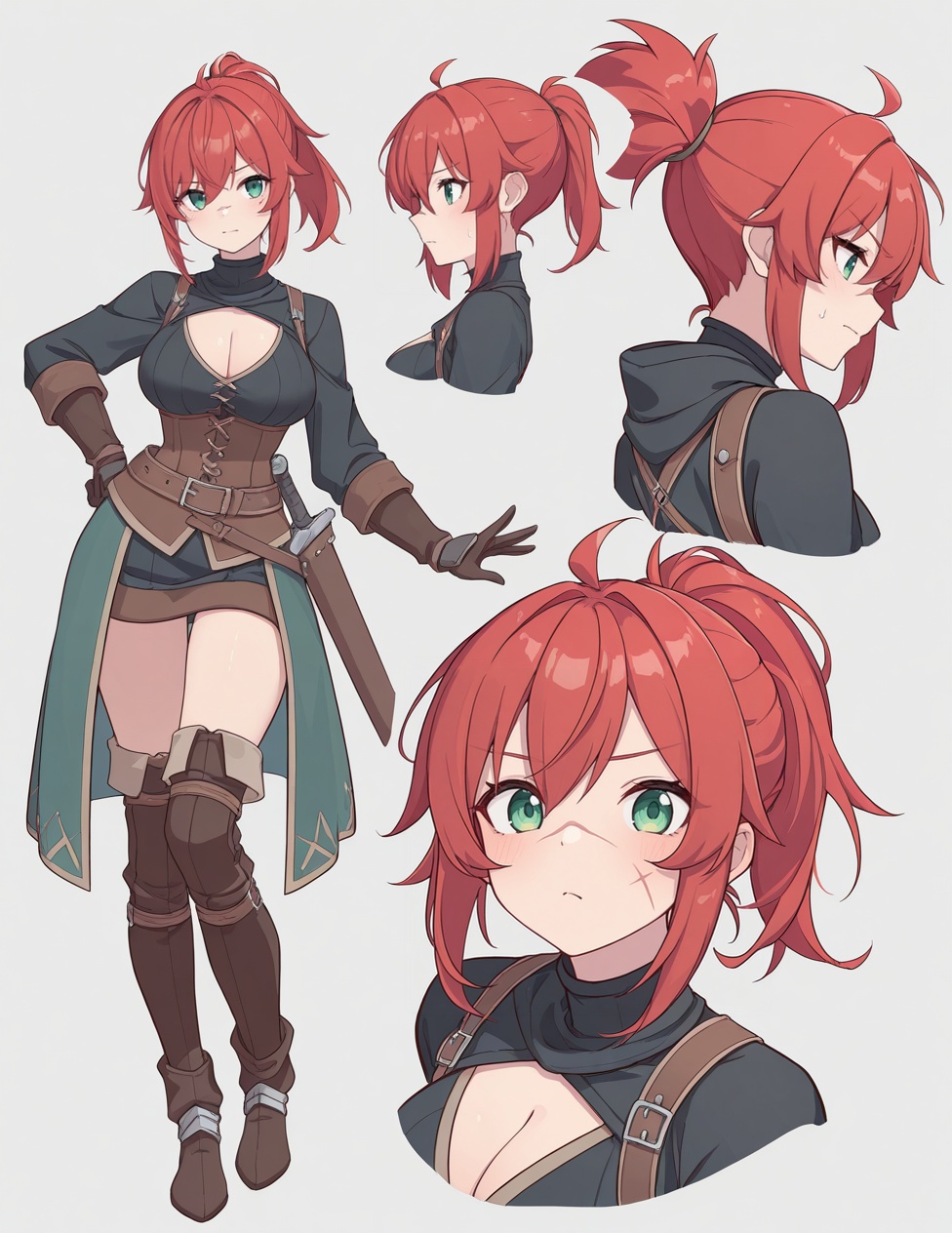 (detailed texture lighting,  detailed surface lighting) BREAK anime style character profile and expressions sheet,  fantas...