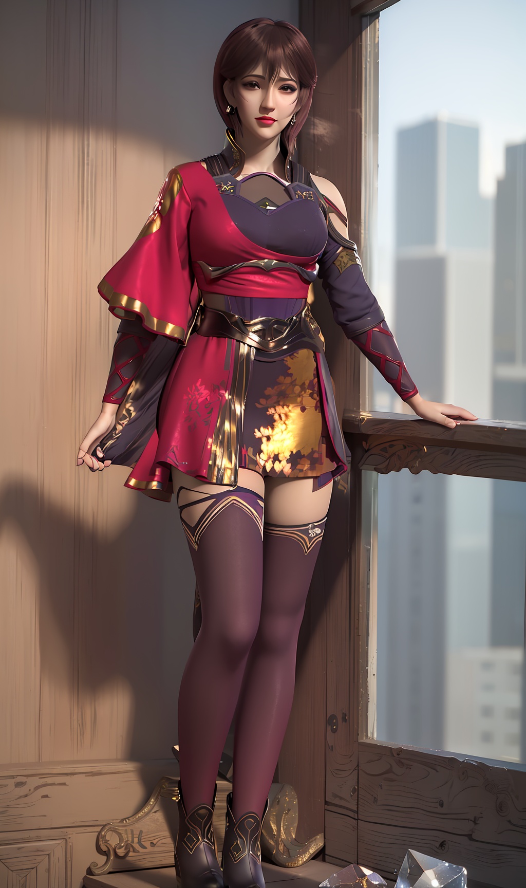 3D,masterpiece,(best quality),(makeup),official art, extremely detailed cg 8k wallpaper,((crystalstexture skin)), (extremely delicate and beautiful),(highly detailed),(face),(collar),(1girl), (solo), (jewelry), (earrings),(brown_hair),(short_hair),(hair_ornament),(handwear),(breasts),(standing),((full_body,whole_body)),(closed_mouth),(city,indoor),(dress),(shorts_skirt),(asymmetrical_clothes),(multicolored_clothes),(multicolored_dress),,(shiny_clothes),,(long_legs),(sash),(thighhighs),(socks),,((looking_at_viewer)),((Facing the camera)),,(boots),(footwear),, <lora:hipoly3DModelLora_v10:0.3>